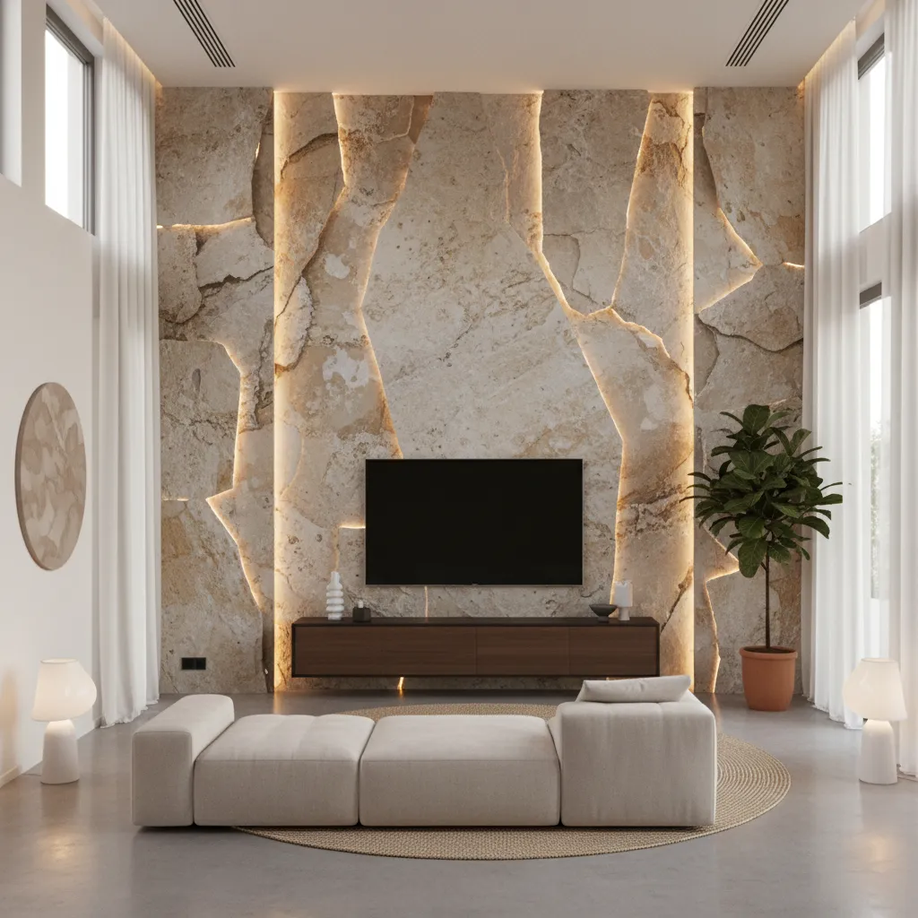 Pared de piedra natural utilizada como acento en un salón moderno