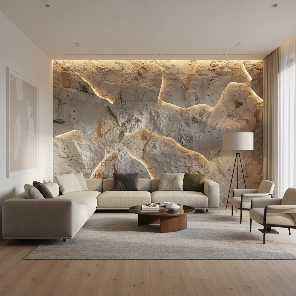 Pared de piedra natural en salón moderno con iluminación indirecta