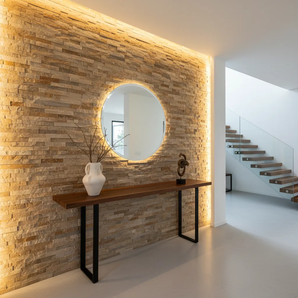 Recibidor moderno con pared de piedra decorativa