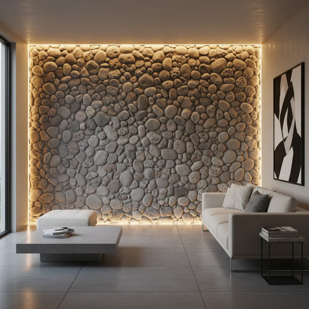 pared de piedra de río iluminada con luces LED indirectas