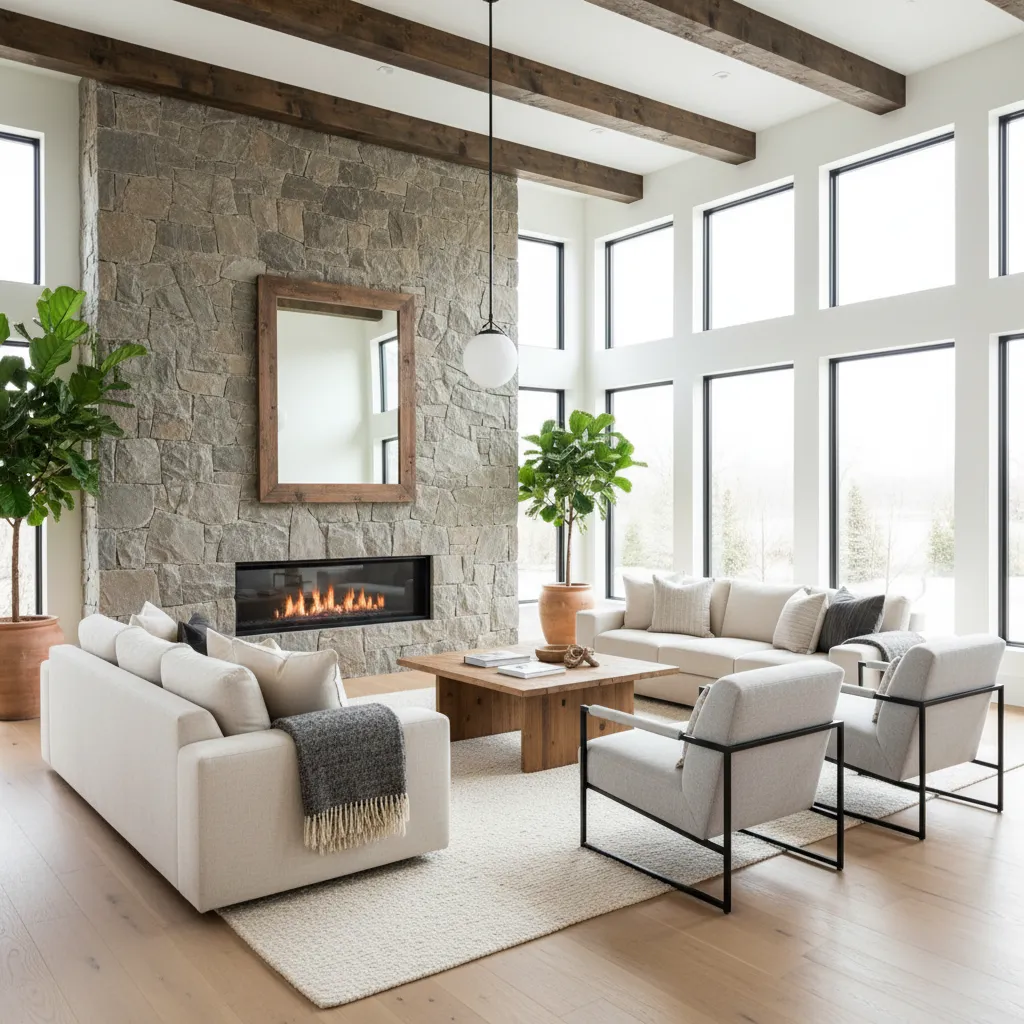 Sala con pared de piedra natural y muebles modernos