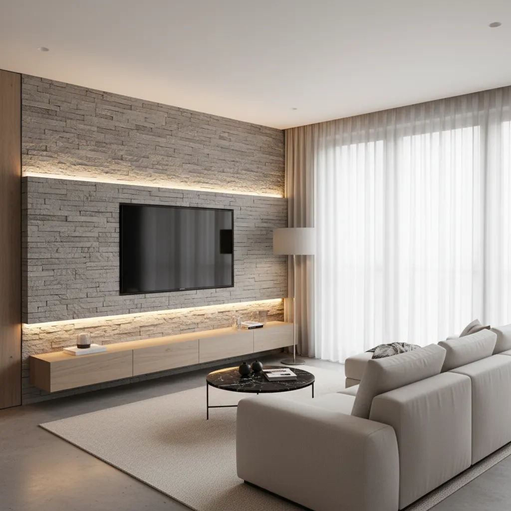 Pared de piedra decorativa detrás de un televisor en una sala moderna