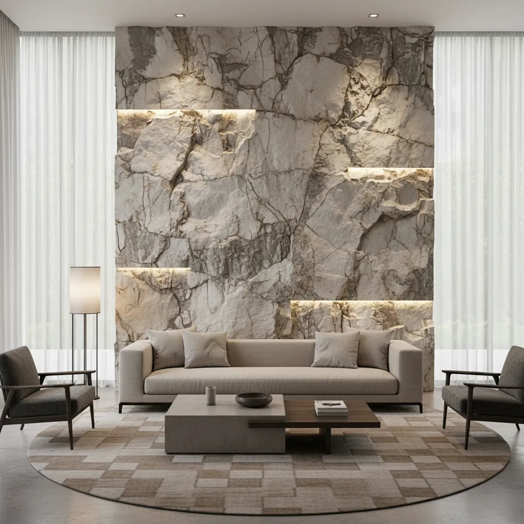 pared revestida con piedra natural en salón moderno
