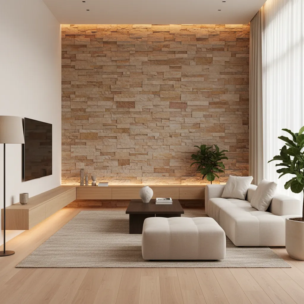 Salón contemporáneo con pared focal de piedra natural