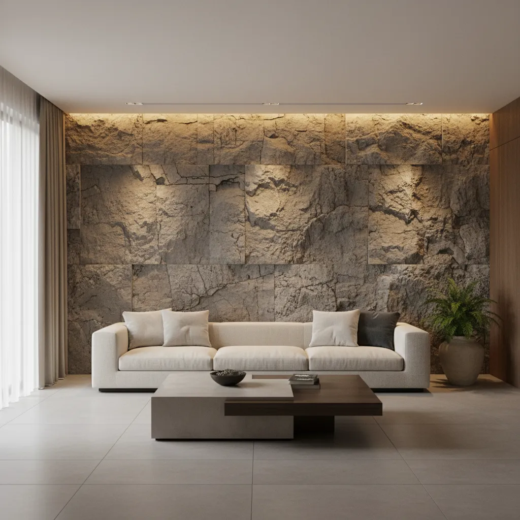 Pared de piedra decorativa en un salón contemporáneo