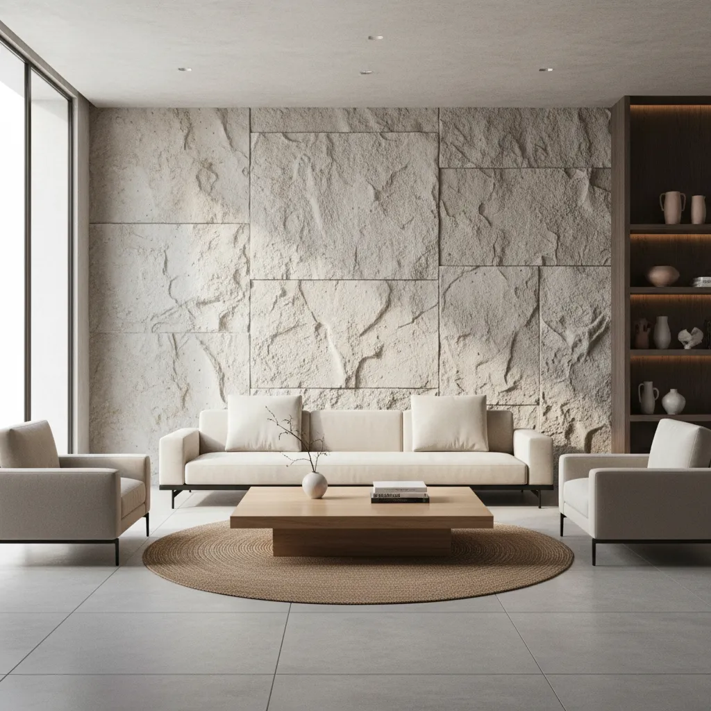 Salón contemporáneo con pared de piedra detrás del sofá