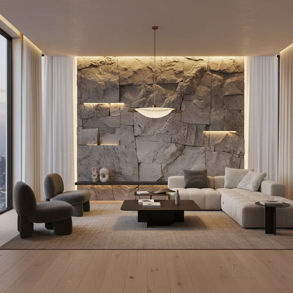 Salón contemporáneo con pared de piedra iluminada lateralmente