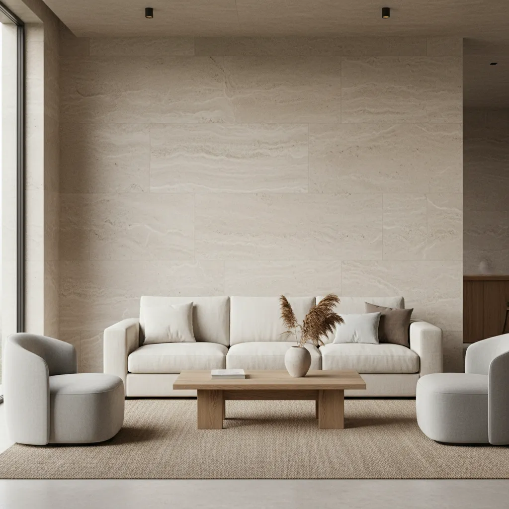 Salón con pared de piedra clara detrás del sofá y decoración minimalista