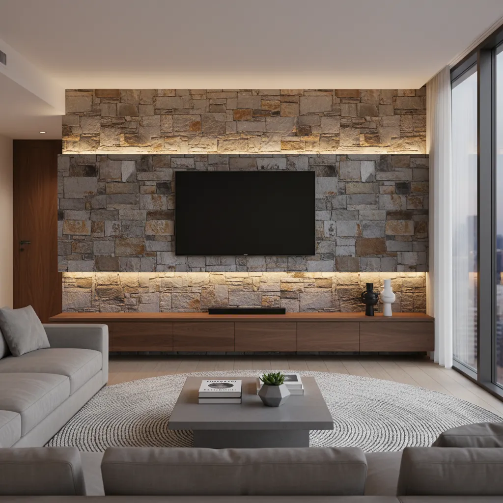 Living room with stone wall television background wooden cabinet grey sofa round rug and windows