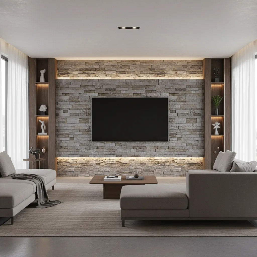 pared de televisión con piedra decorativa moderna