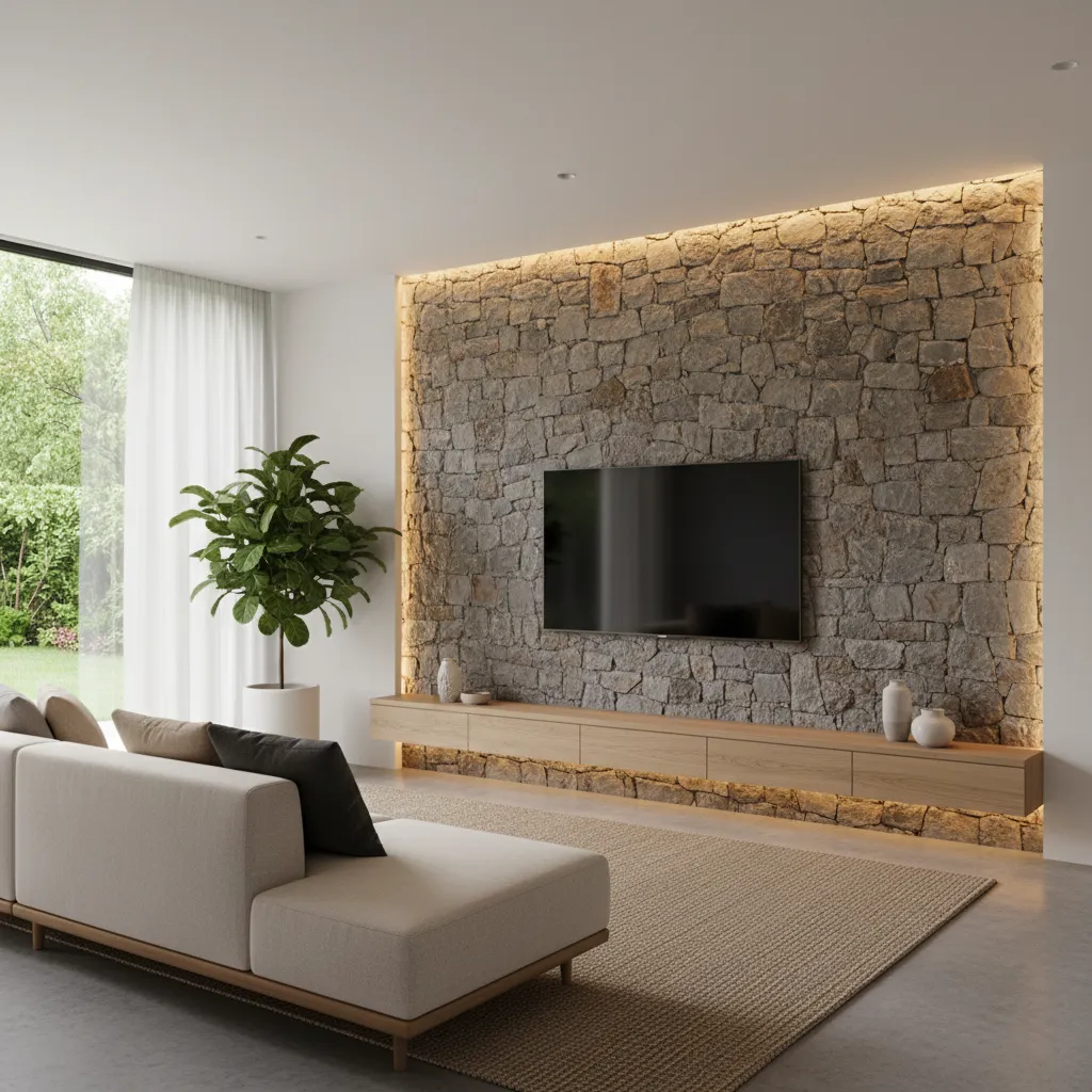Modern living room with a stone feature wall, mounted television, beige sofa, and wooden cabinet