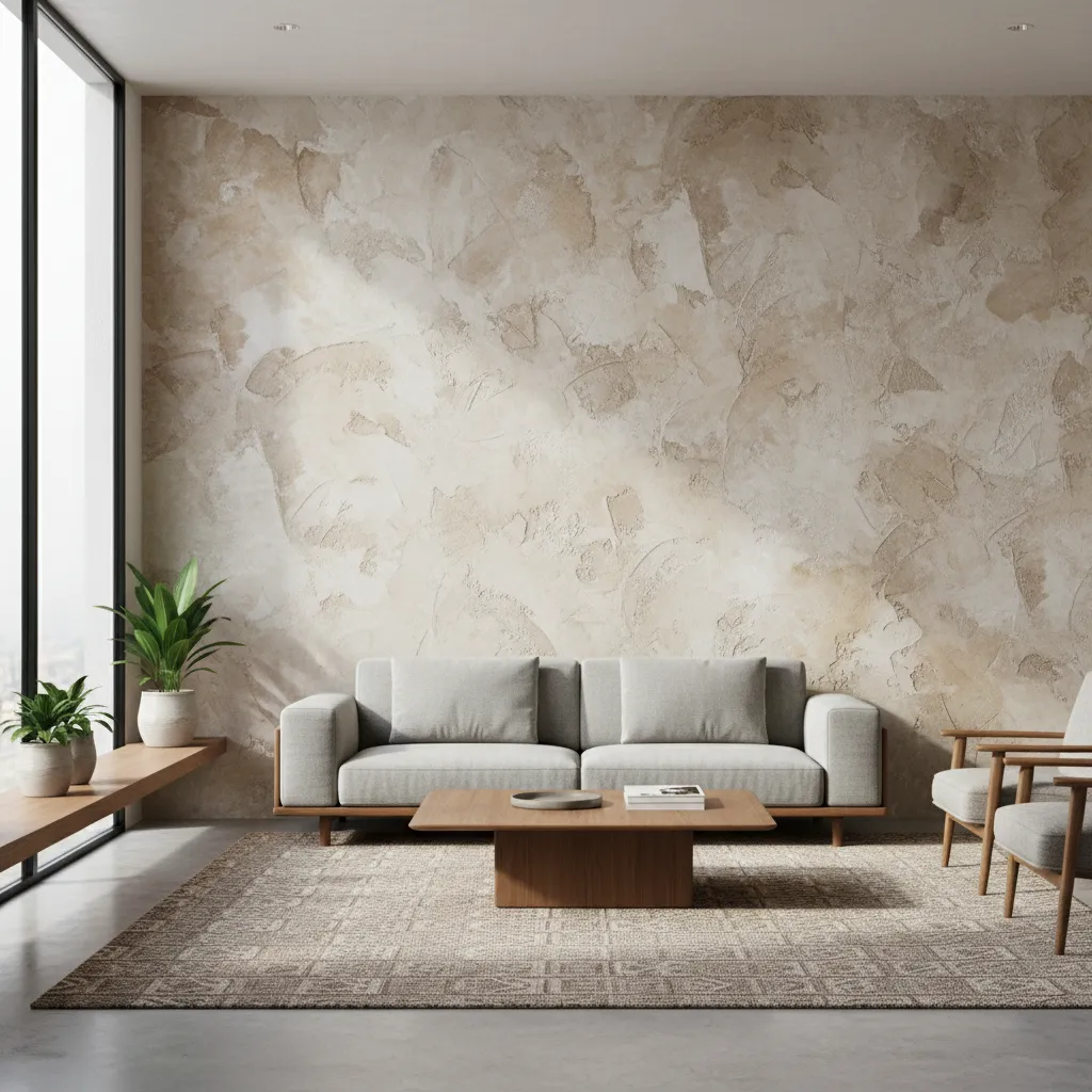 Pared interior con pintura decorativa texturizada en salón moderno