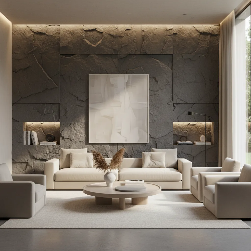 Modern living room with grey stone wall panels white sofas round coffee table and abstract painting