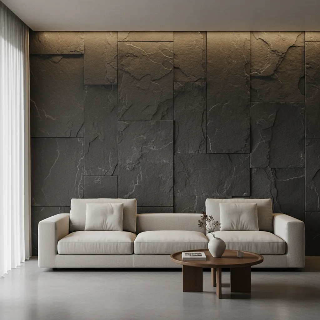 Pared interior revestida con piedra pizarra