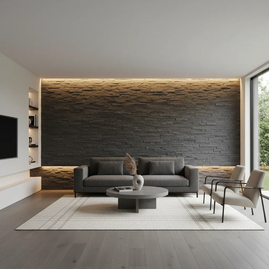 pared decorativa de pizarra en salón moderno