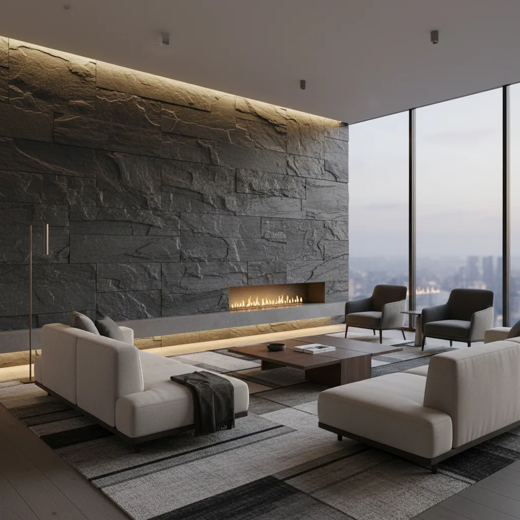 Salón contemporáneo con pared de pizarra oscura