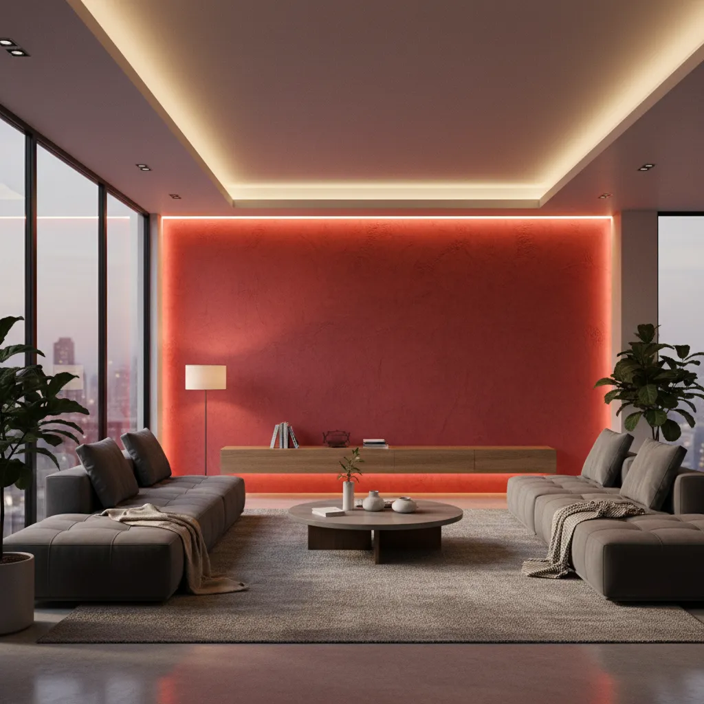 Pared roja iluminada con luz cálida en sala moderna