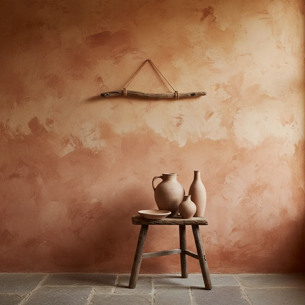 Pared interior rústica pintada en tonos tierra con decoración minimalista