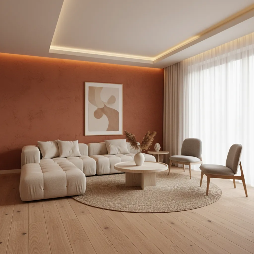 Interior con pared color terracota y decoración minimalista