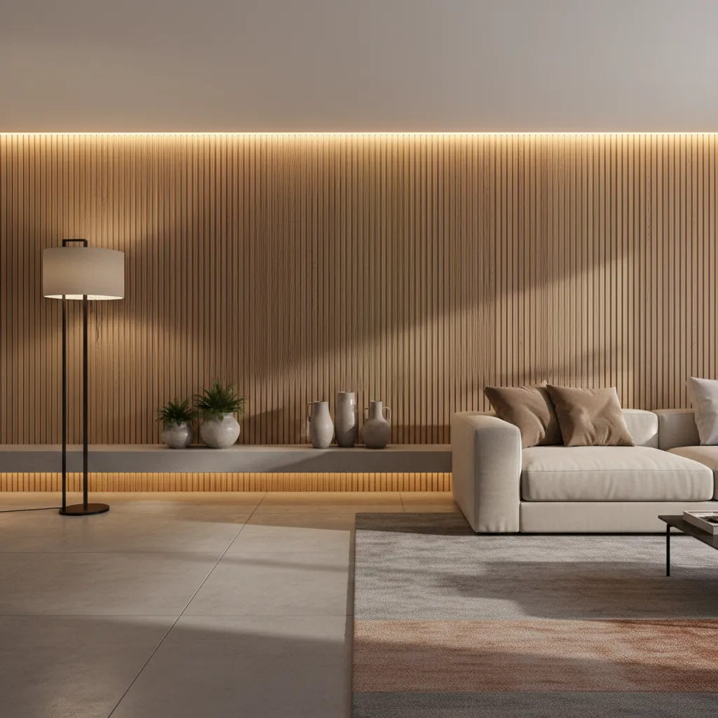Pared interior con paneles verticales de madera decorativos