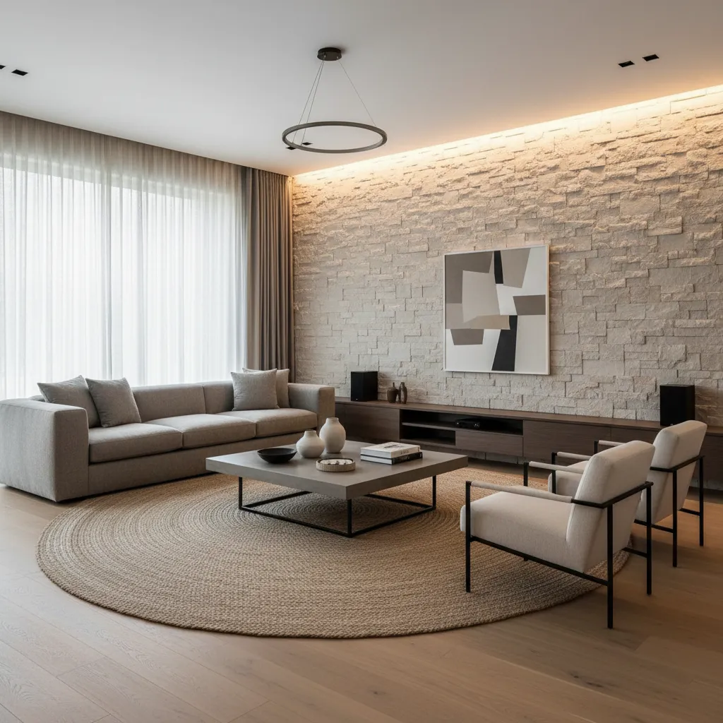 salón moderno con pared de piedra decorativa detrás del sofá