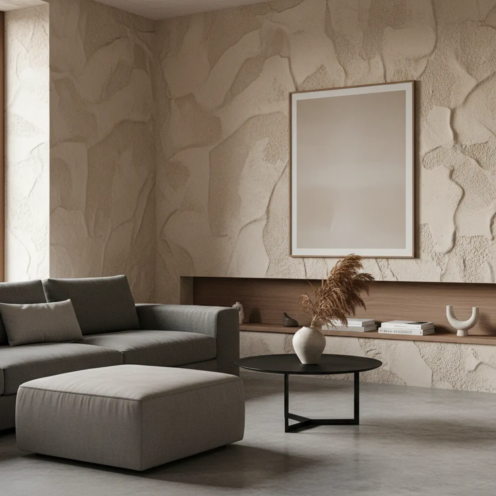 Modern room with textured beige wall grey sofa footrest black coffee table and picture frame