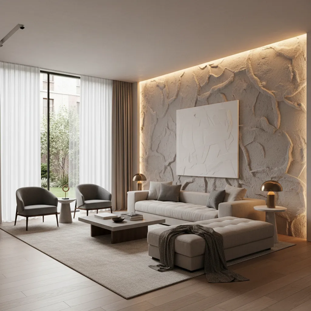 salón moderno con pared decorativa texturizada reforzada con fibra de vidrio
