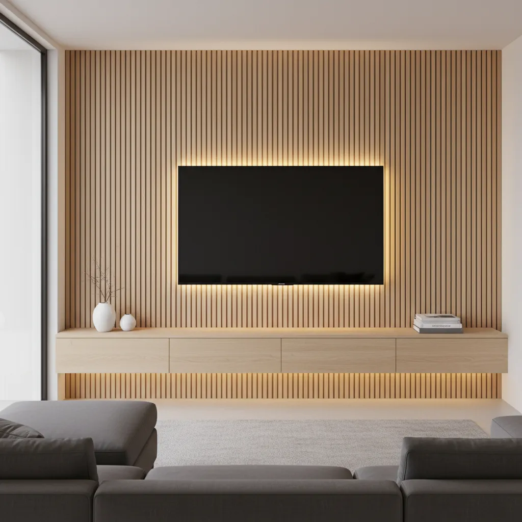 Pared de televisión con paneles de listones de madera y iluminación indirecta