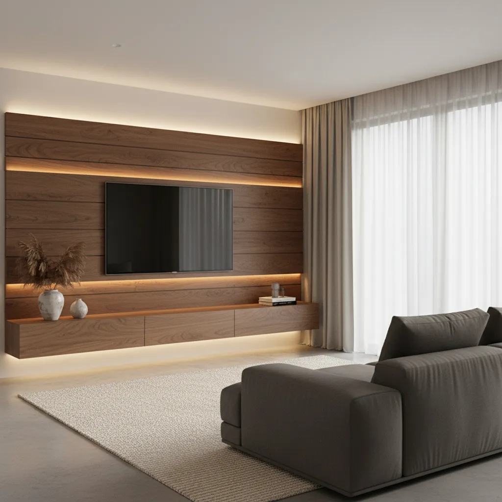 Pared de televisión decorada con paneles de madera y luz indirecta
