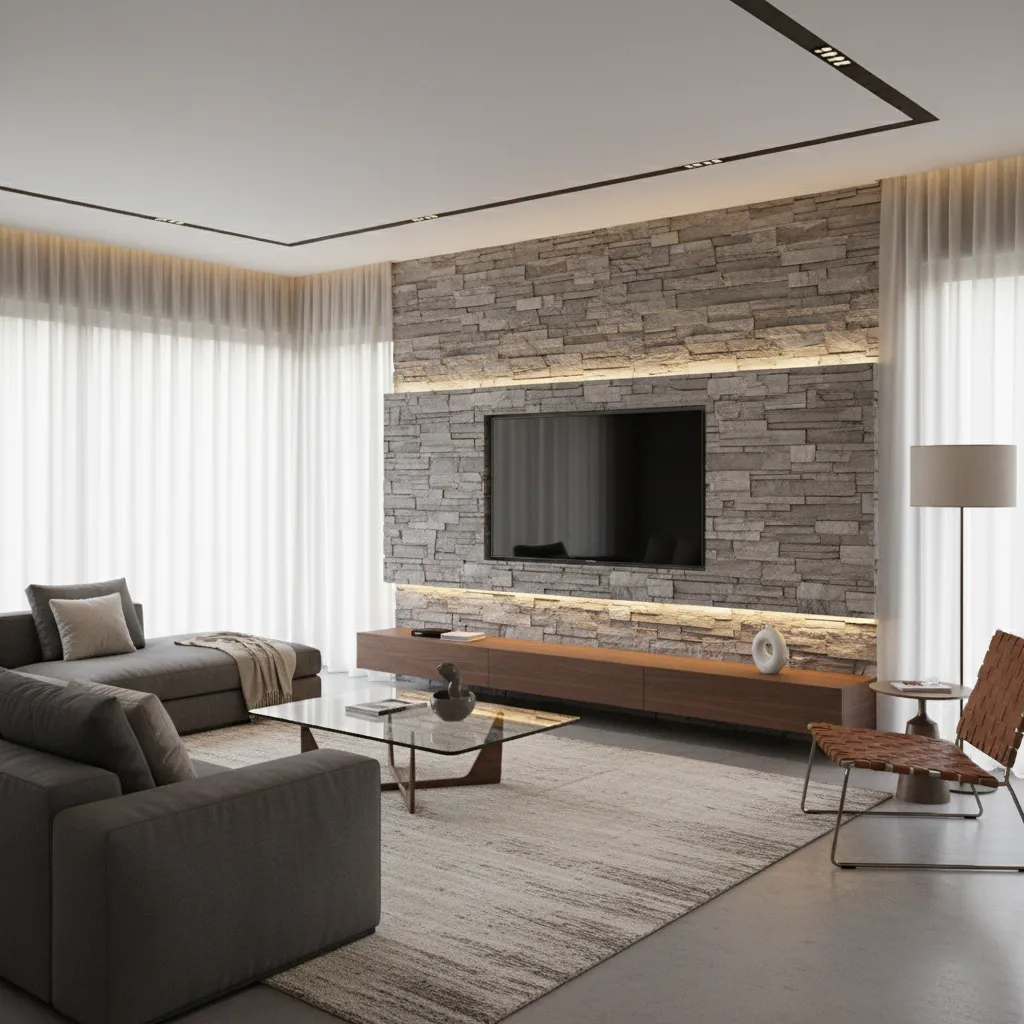 Pared de televisión revestida con piedra decorativa en un salón moderno