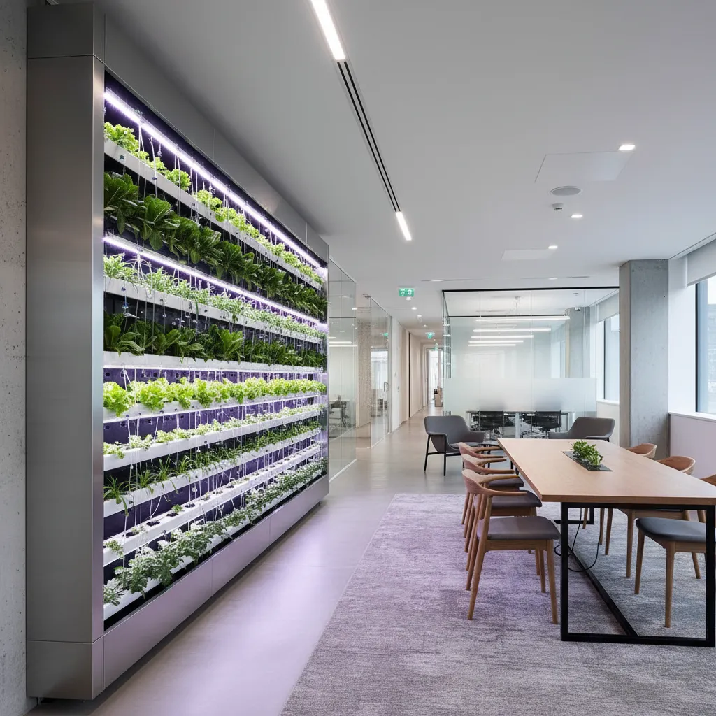 Pared verde interior con sistema de cultivo inteligente