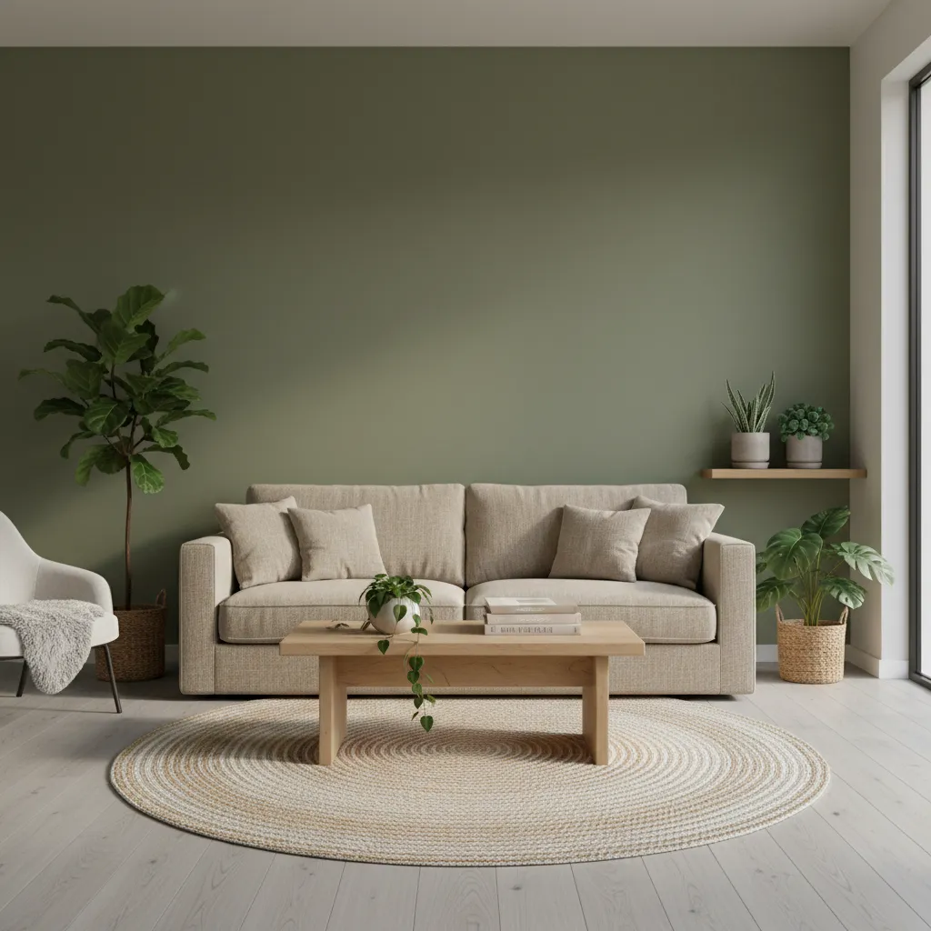 Salón contemporáneo con pared verde oliva y muebles neutros