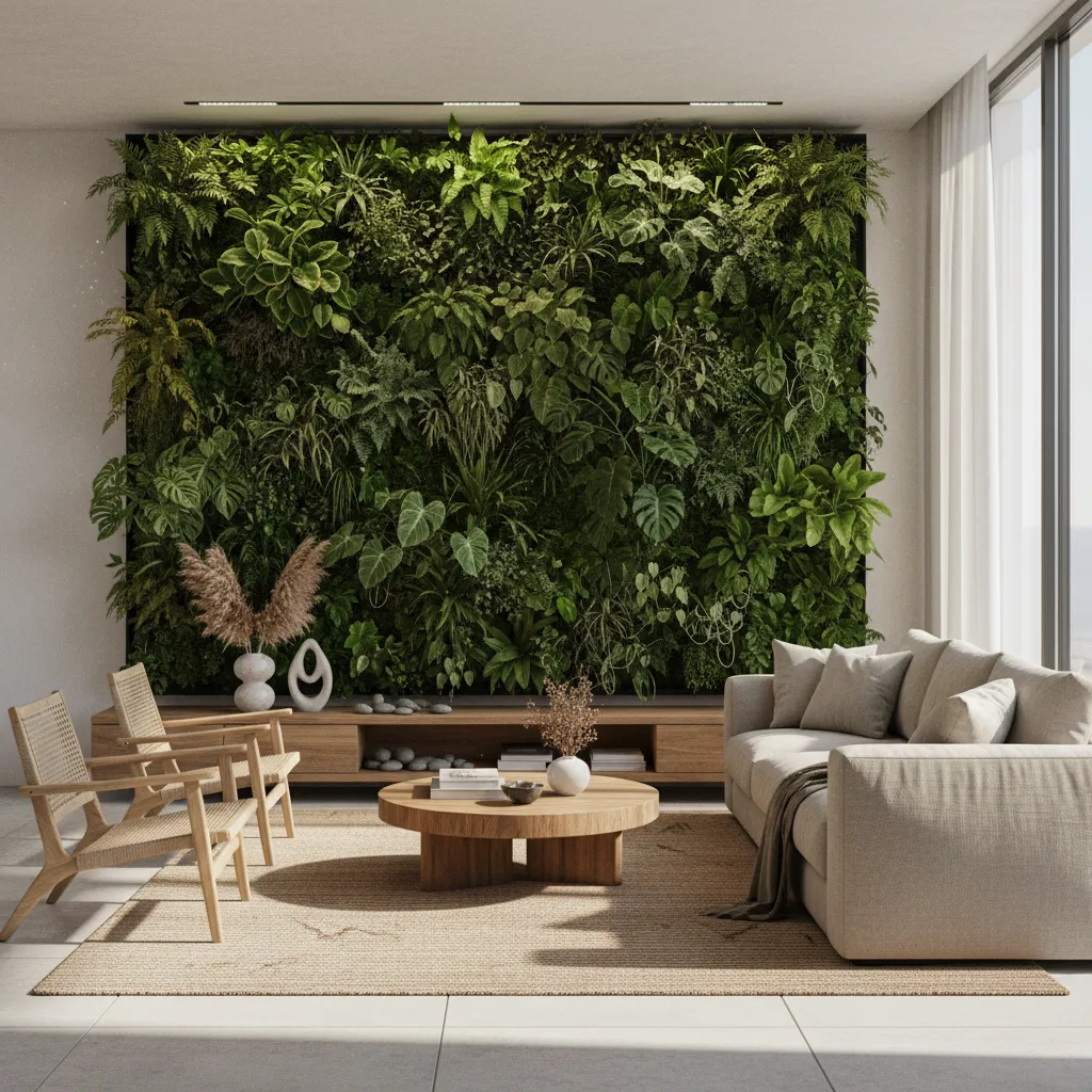 Pared verde interior en un salón moderno con muebles de madera
