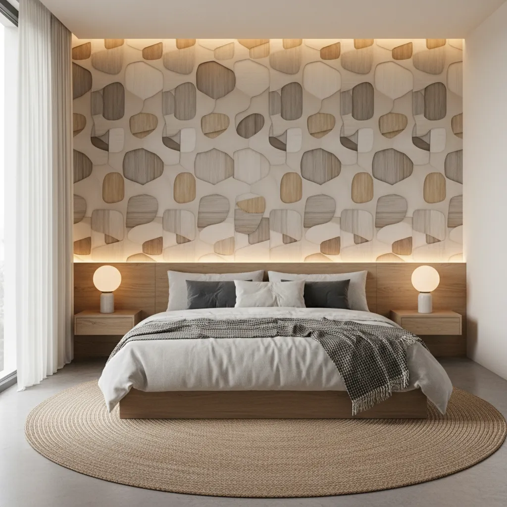 Modern bedroom with a decorative wall panel wooden bed bedside tables lamps and round rug