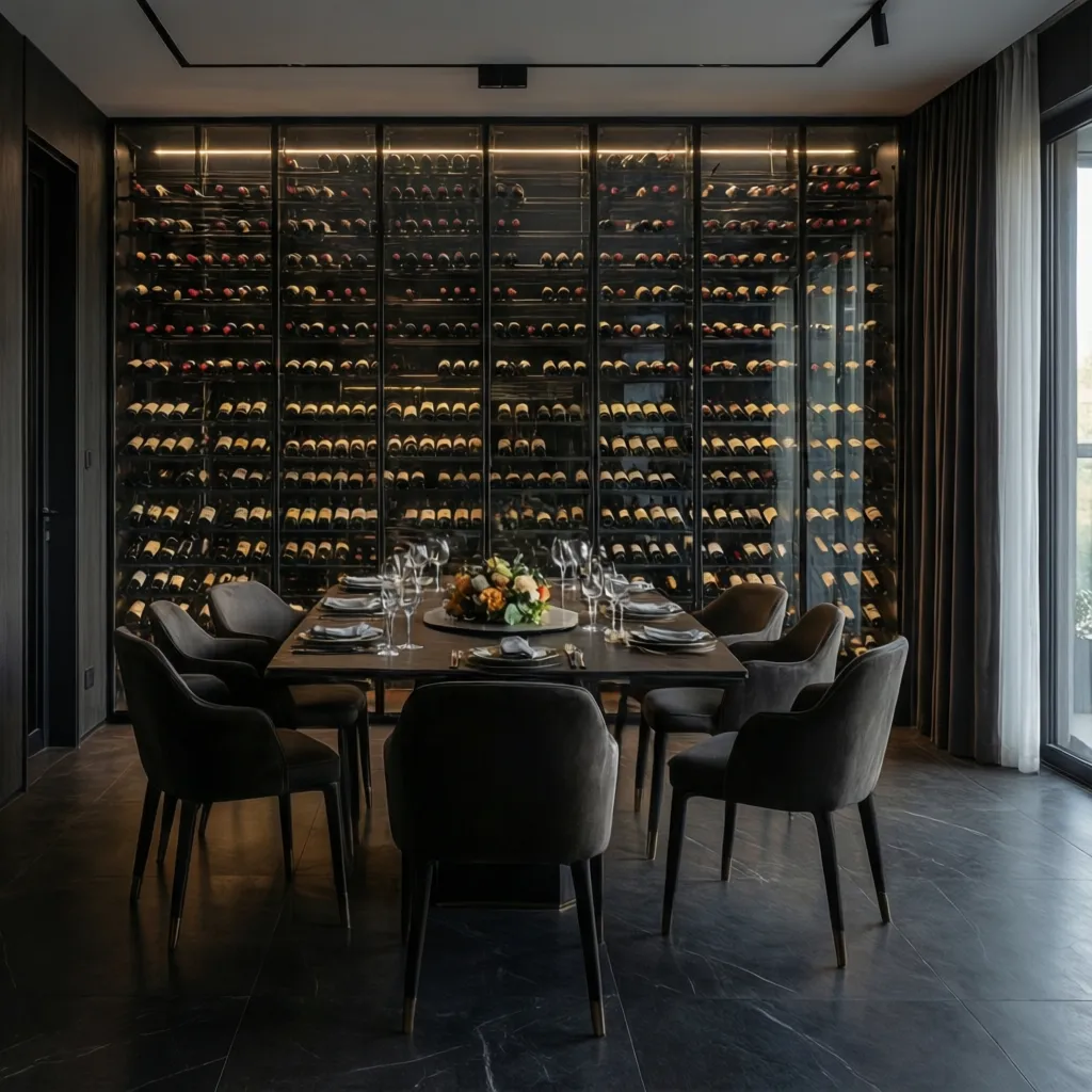 Dark dining room featuring a glass wine wall behind a wood table with grey chairs
