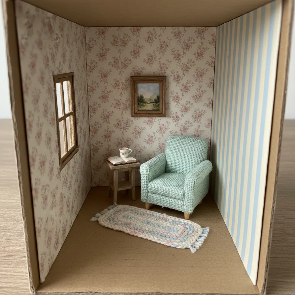 Paredes de una casita de cartón decoradas con papel pintado miniatura