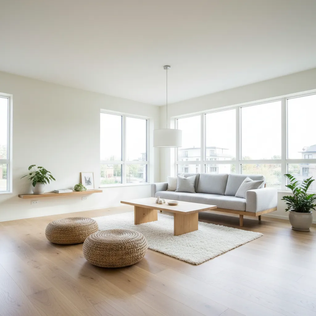 Bright minimalist living room with grey sofa, wooden floor, large windows, and two woven footrests