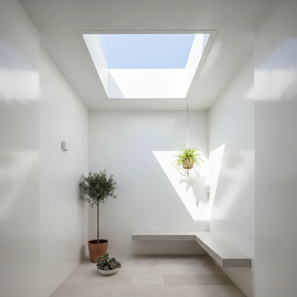 Patio interior con paredes blancas que reflejan la luz natural