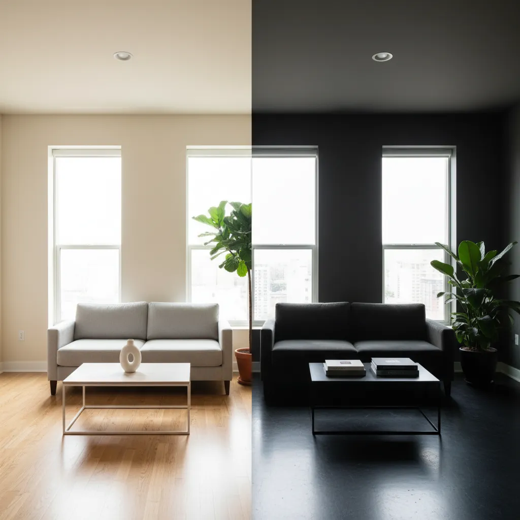 Comparación visual entre una habitación con colores claros y otra con tonos oscuros