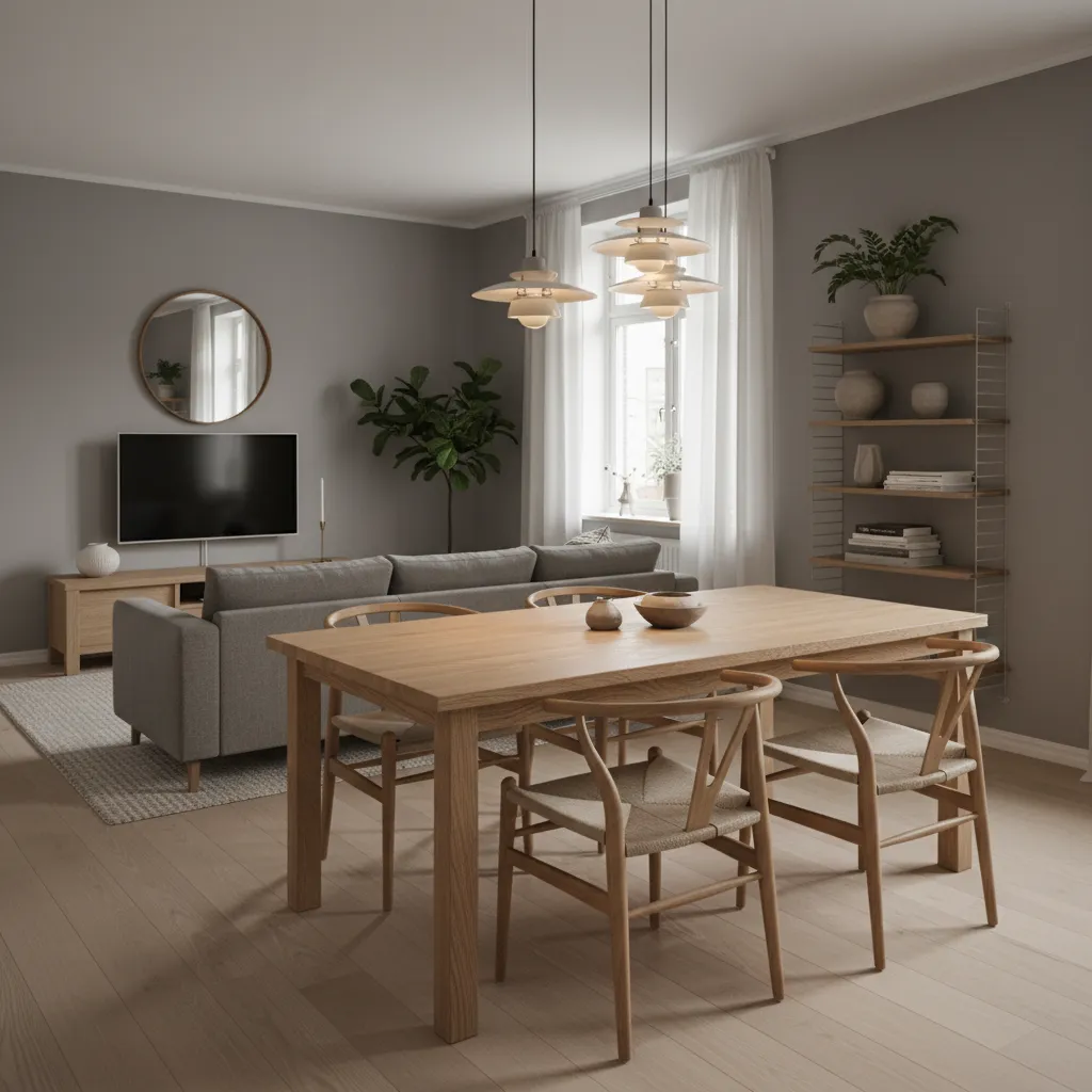 Interior con paredes grises y muebles de madera natural