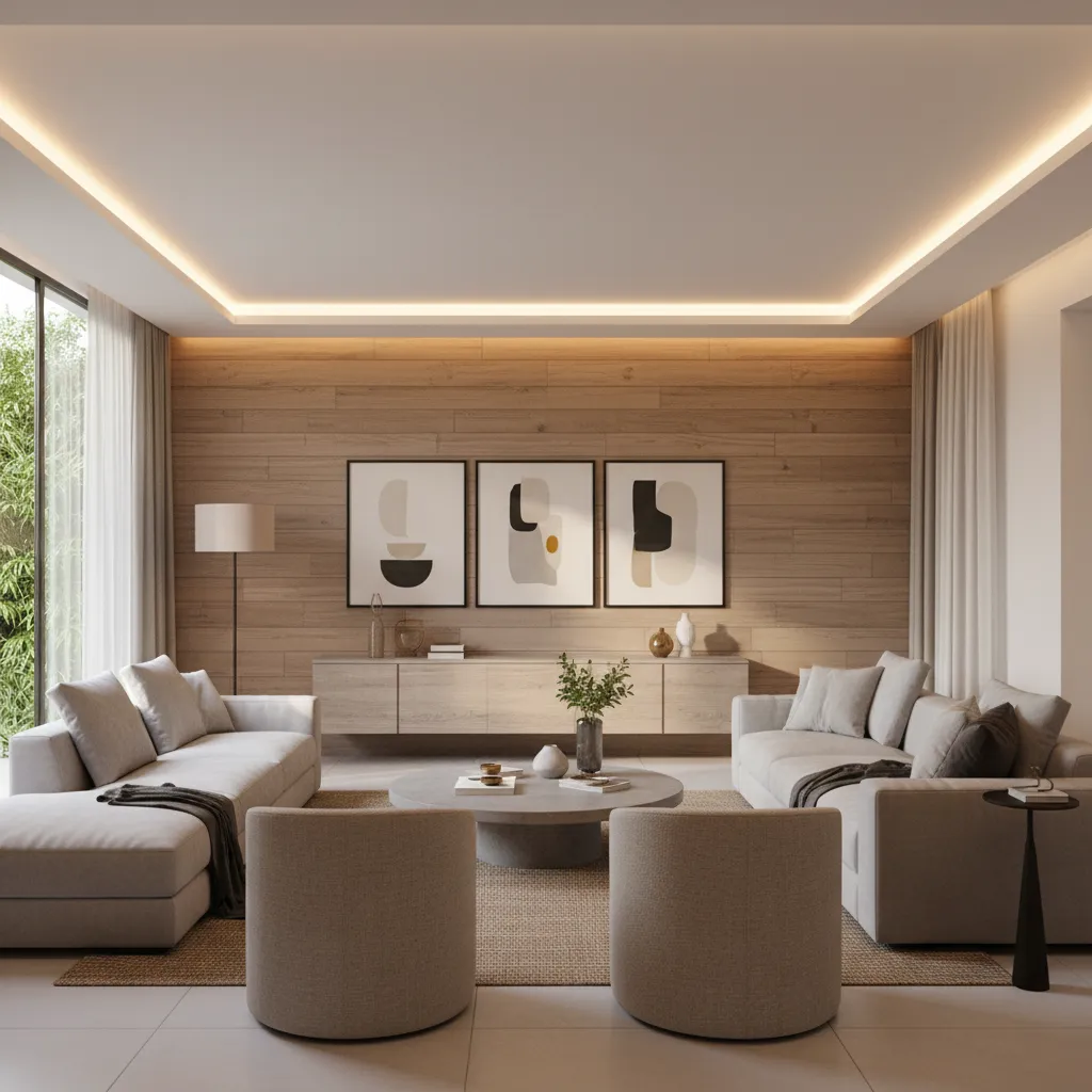 Bright living room with wood wall panel three art pieces two sofas two round chairs