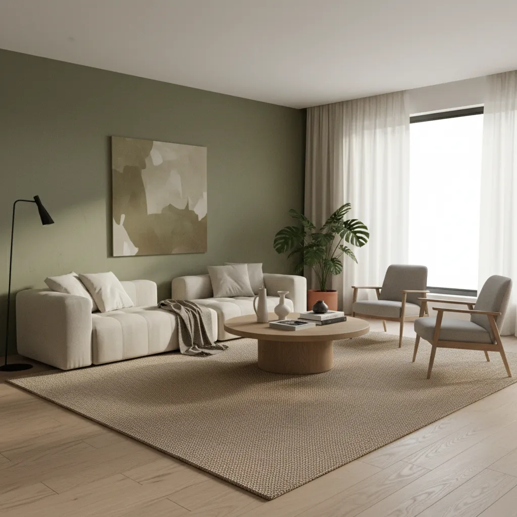 Modern living room with green wall including beige sofa two grey chairs and wood floor
