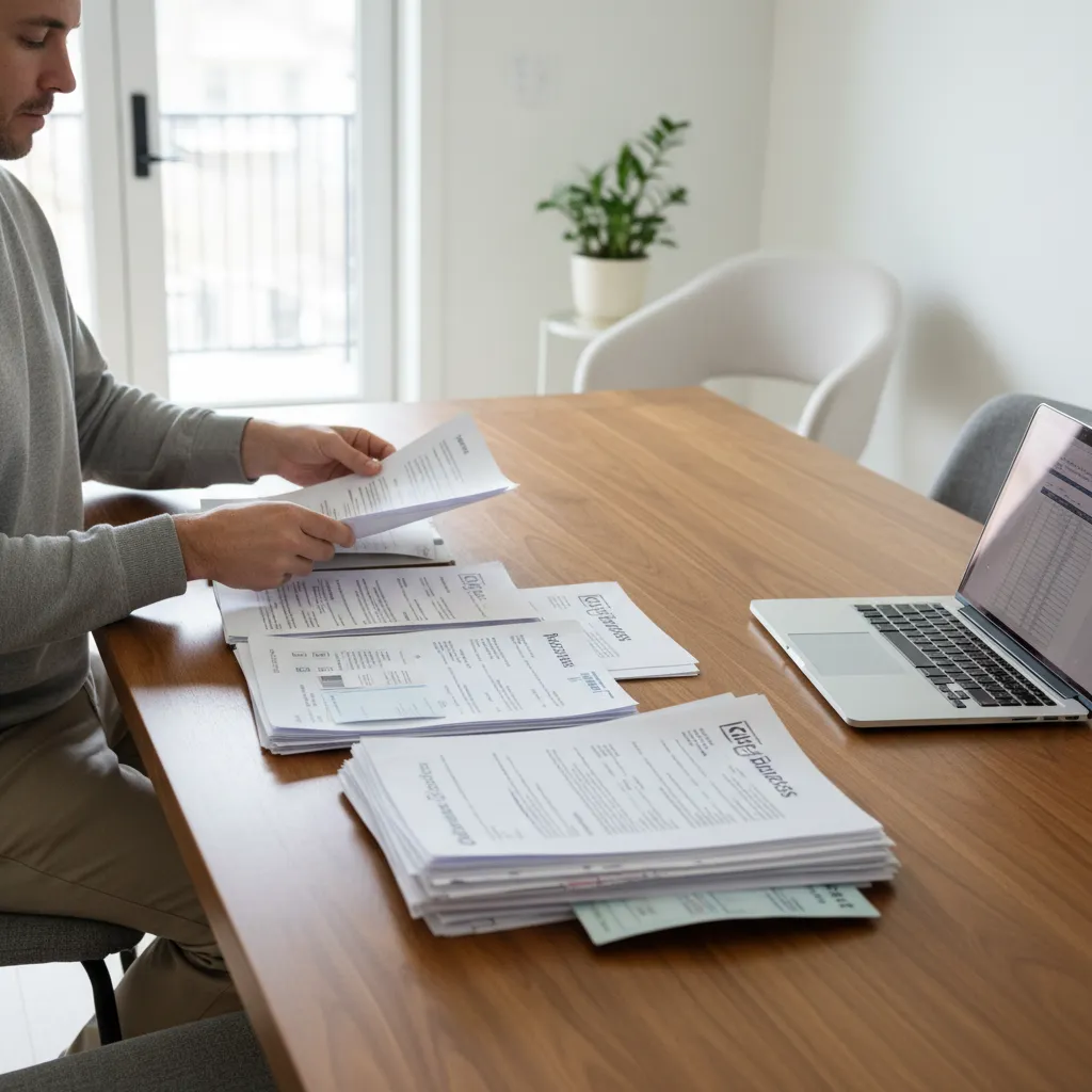 parent organizing utility bills and residency paperwork for baby documentation