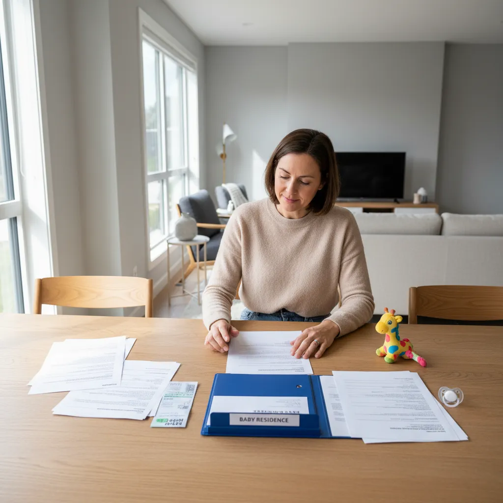 Parent reviewing paperwork proving baby's residence at home desk