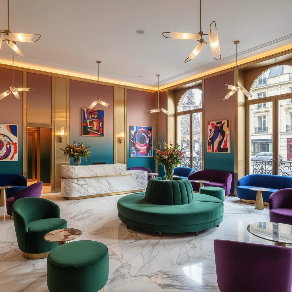 Lobby colorido de hotel boutique parisino con diseño contemporáneo