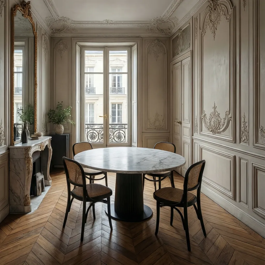 Parisian apartment dining room with round table near window and compact layout