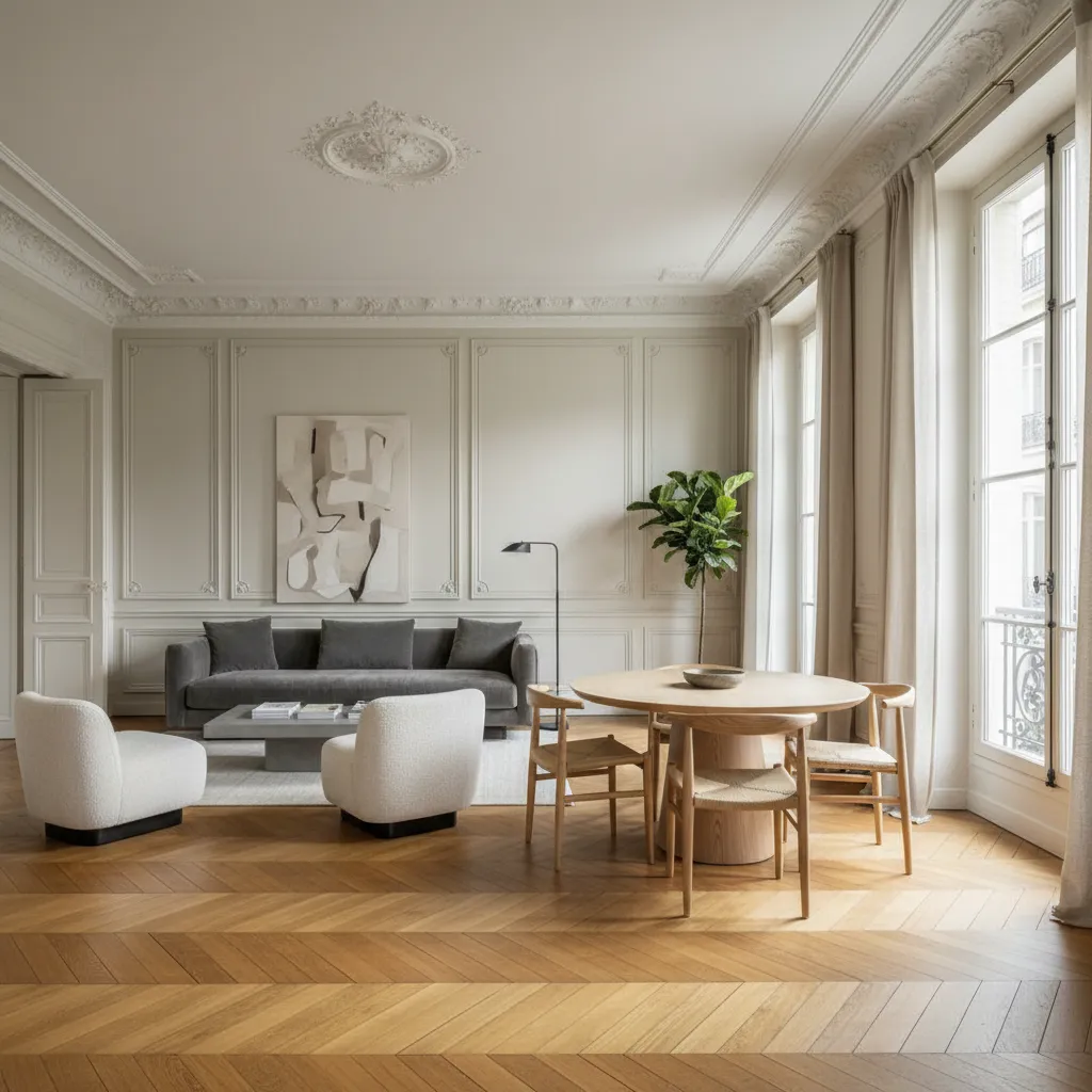 Modern living room with grey sofa white chairs round wood dining table and wall panels