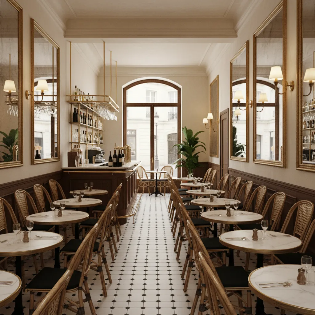 Parisian bistro interior with marble cafe tables and woven chairs