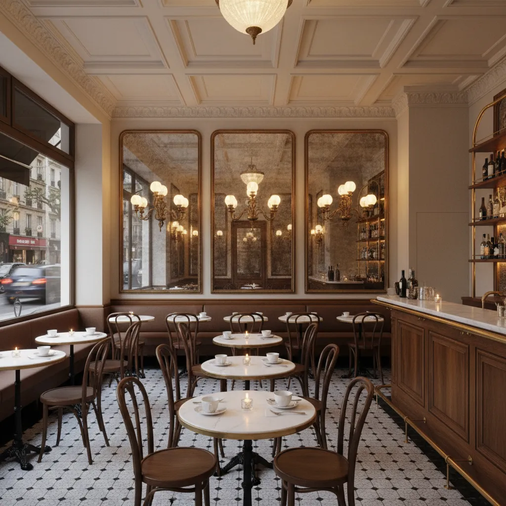 Elegant Parisian cafe dining room with mirrors and warm lighting