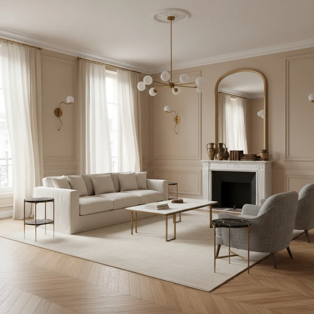 Warm living room with cream sofa grey armchairs white fireplace ceiling light wall light curtains